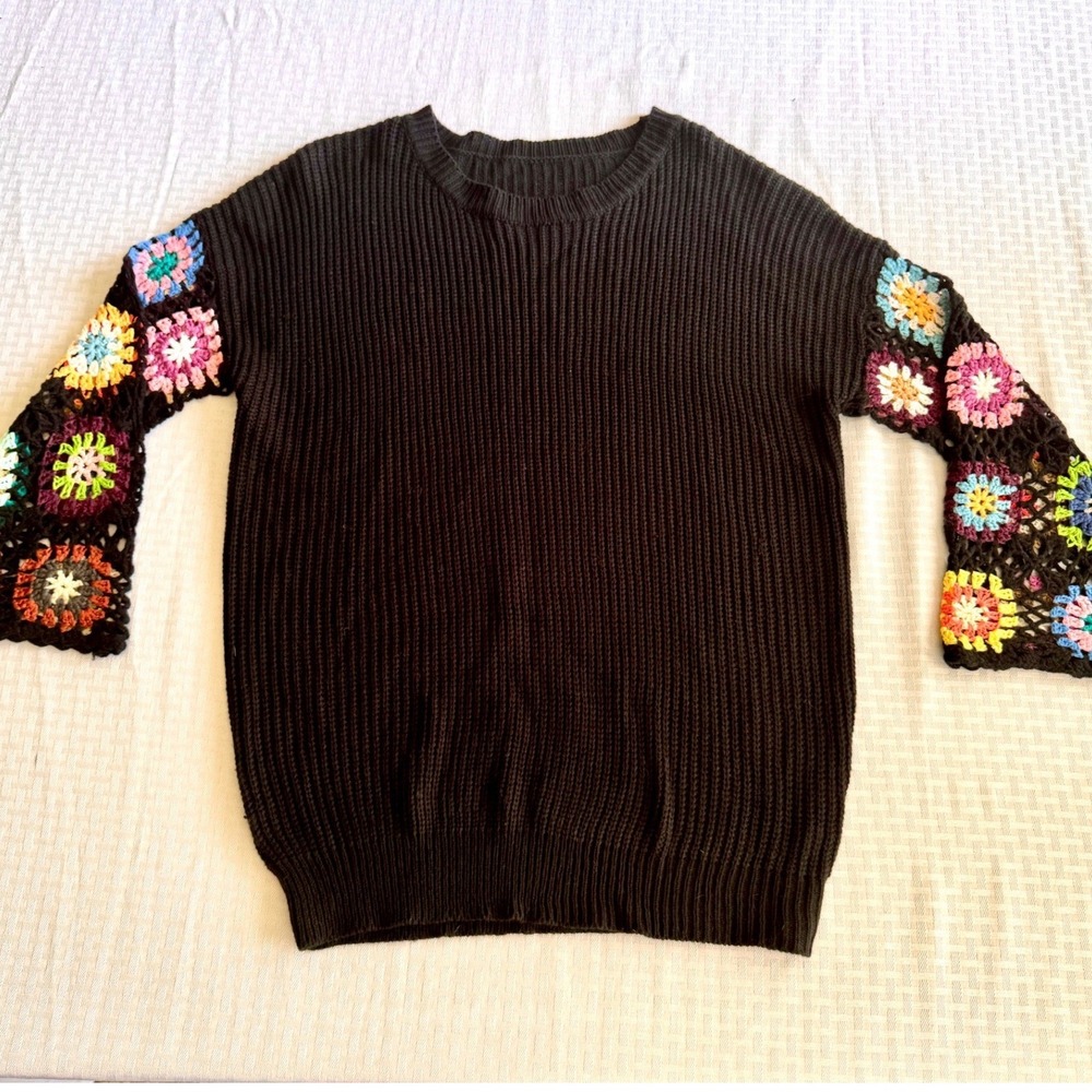 Boho Granny Square Crochet Bell Sleeve Ribbed Knit Sweater Black Medium